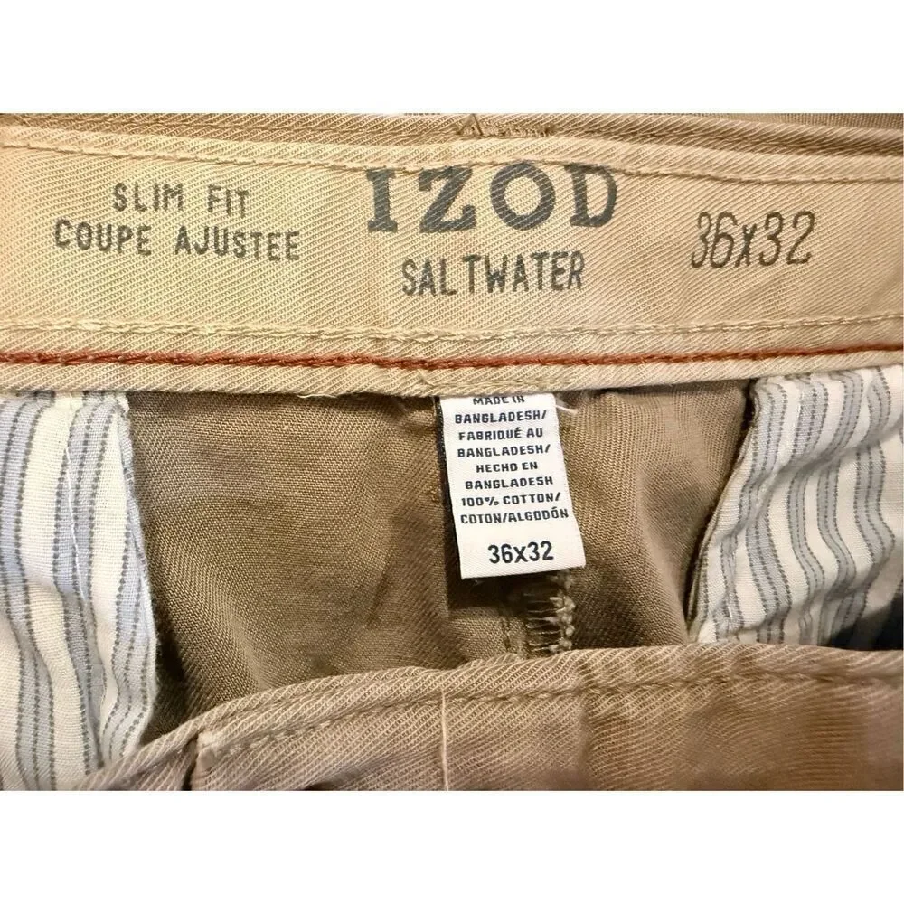 IZOD Saltwater Flat Front Chino Pant Khaki Slim Fit 36X32
